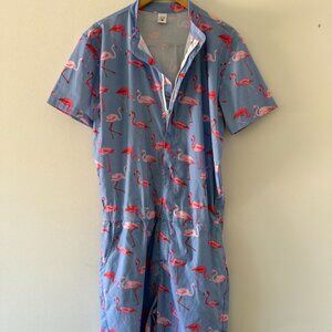 Flamingo Print Men’s Romper Size L Blue Pink Novelty Summer OBO